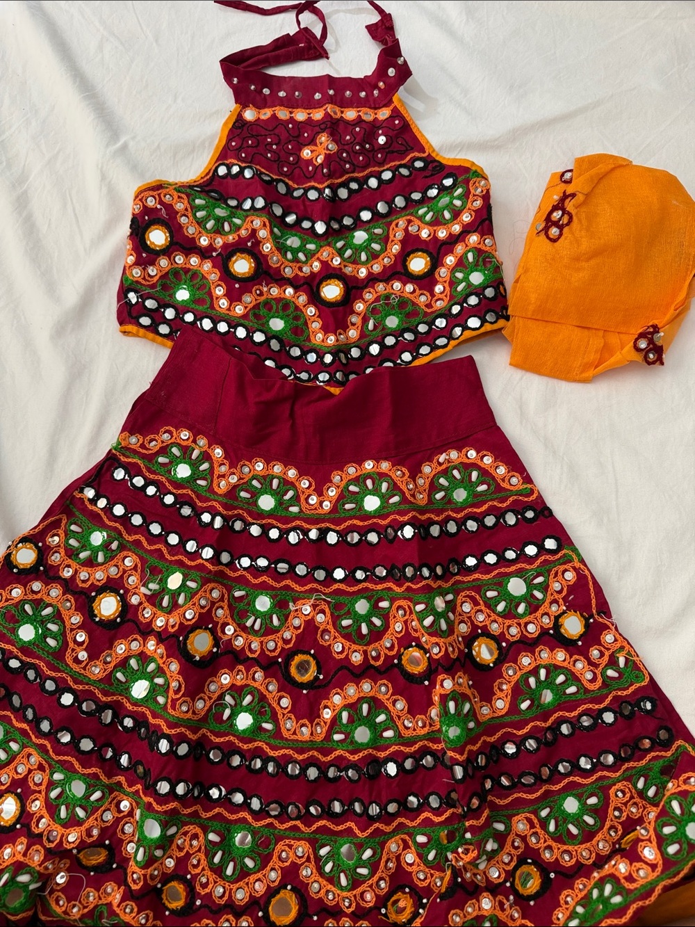 Kids Maroon & Orange Traditional Indian mirror work garba dress